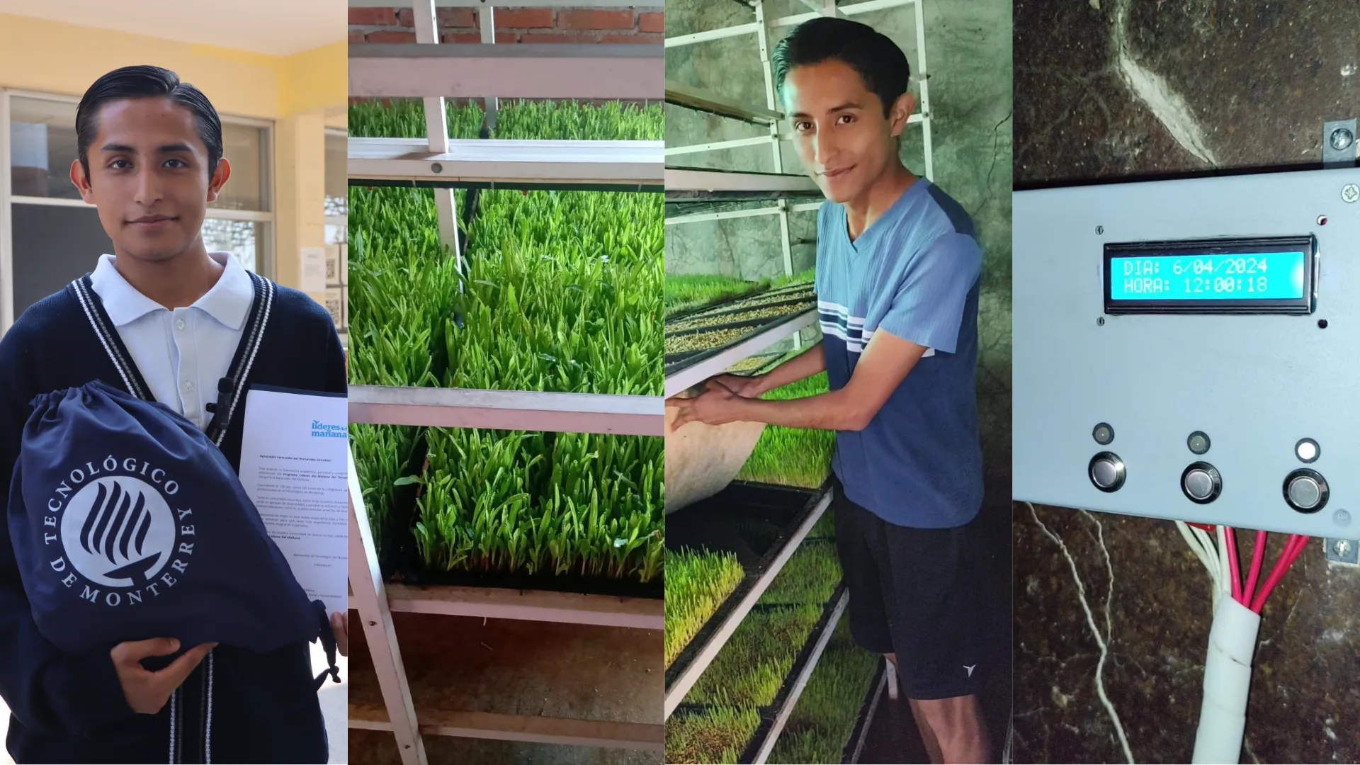 Collage con 4 fotografías en las que un joven de San Luis Potosí posa con su diploma de Líderes del Mañana y otras fotografías en las que se muestra su proyecto de innovación en Mexquitic.