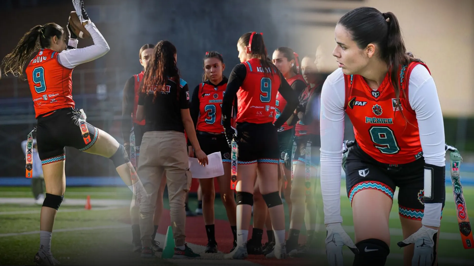 Collage de fotos de Ana Aguayo jugando flag football