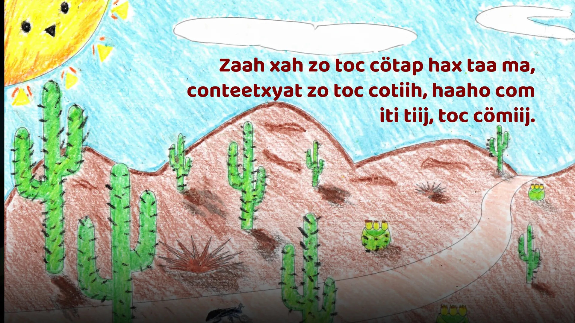 Hand-drawn illustration of a desert scene from a native Comcáac legend