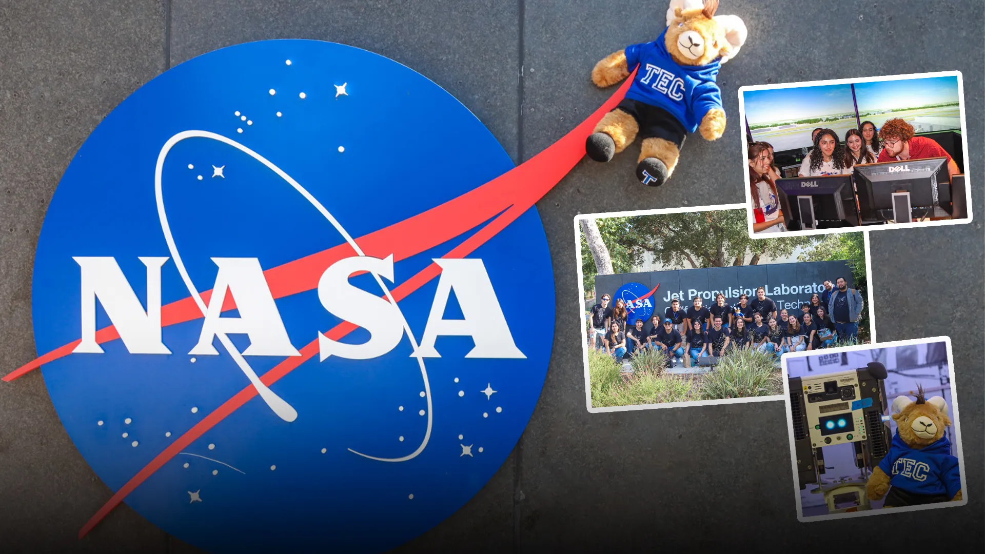 Fotos de alumnos del Tec en las instalaciones de la NASA sobre un fondo del logo de la NASA con Teus. 