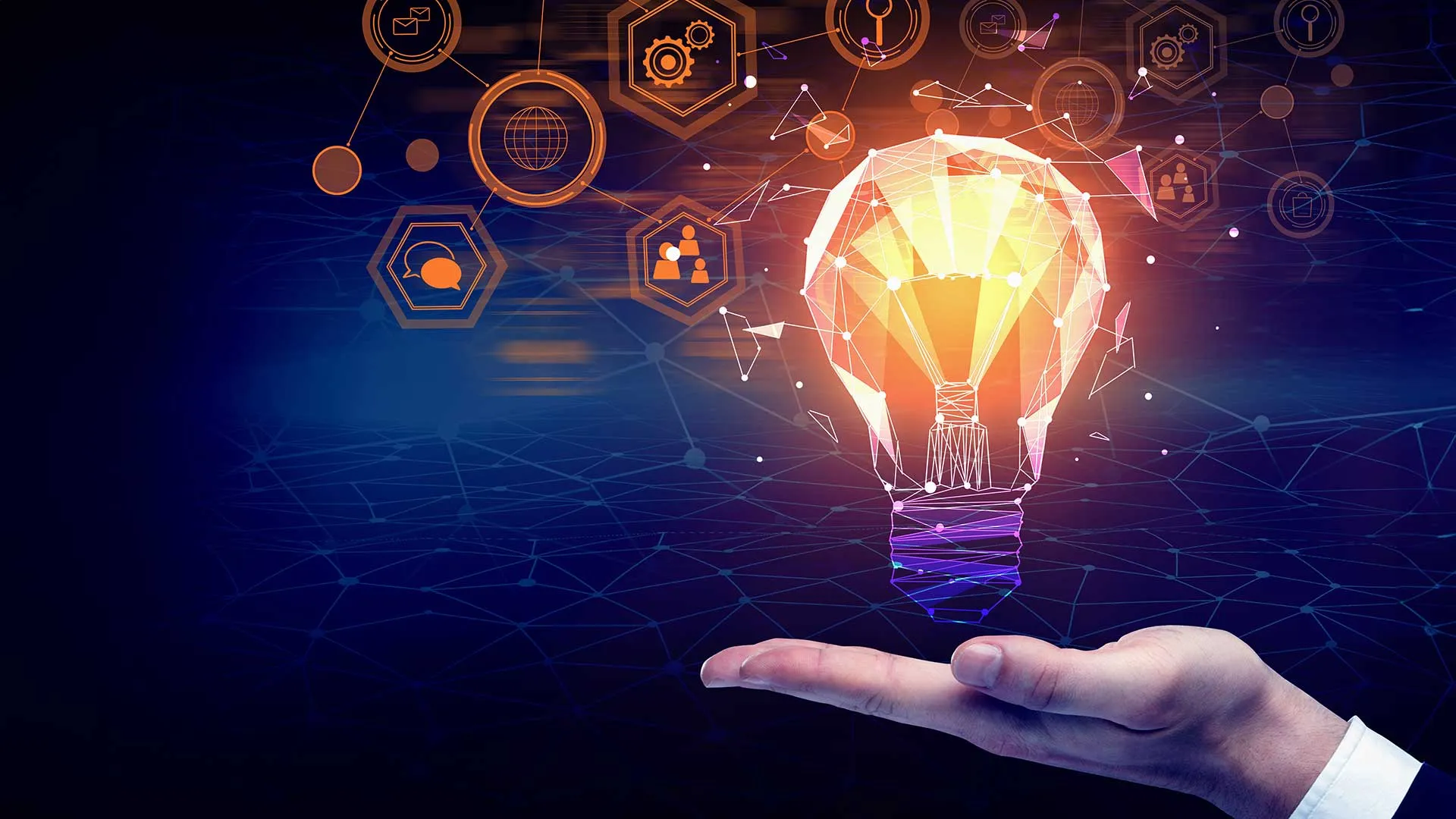 Ilustración conceptual de innovación, representada por un foco con elementos alrededor que muestran el networking, trabajo en equipo, entre otros temas