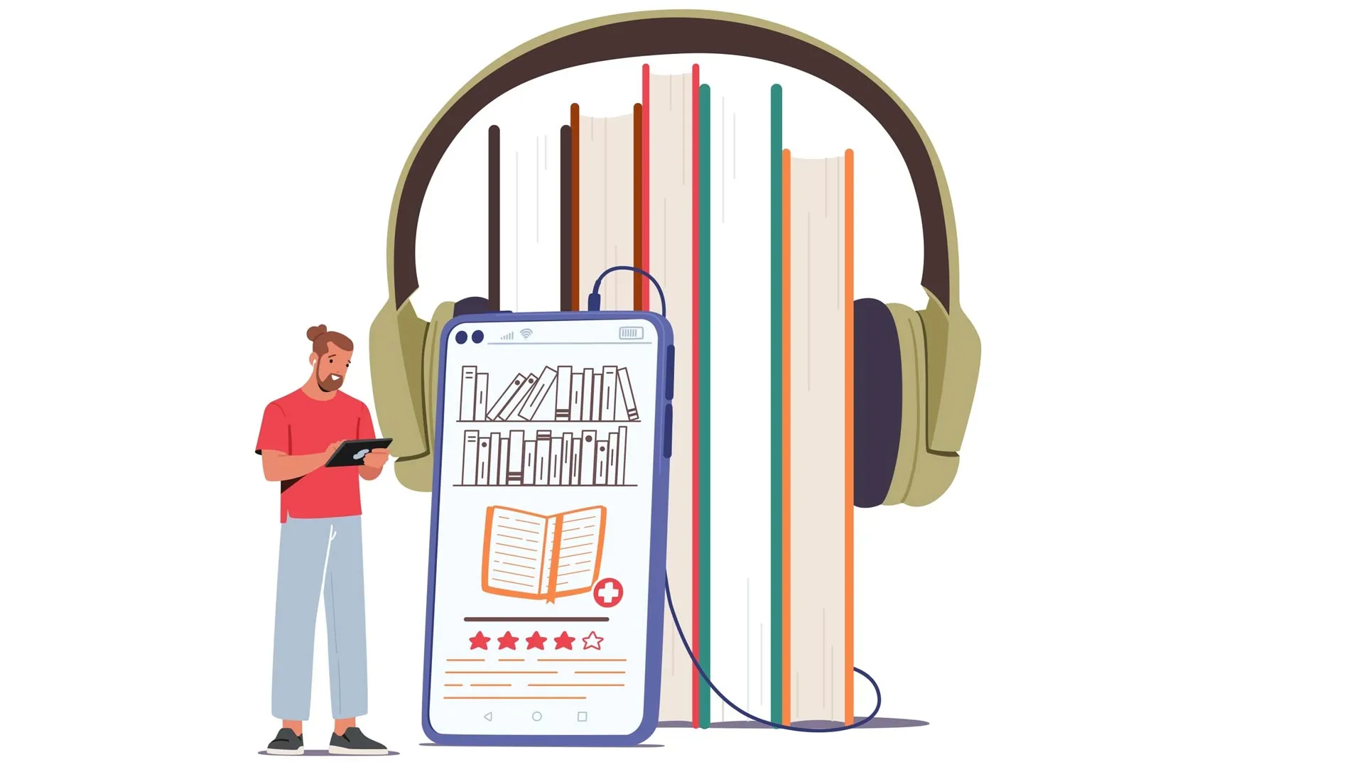 Ilustración conceptual de libros digitales que pueden ser escuchados en un smartphone