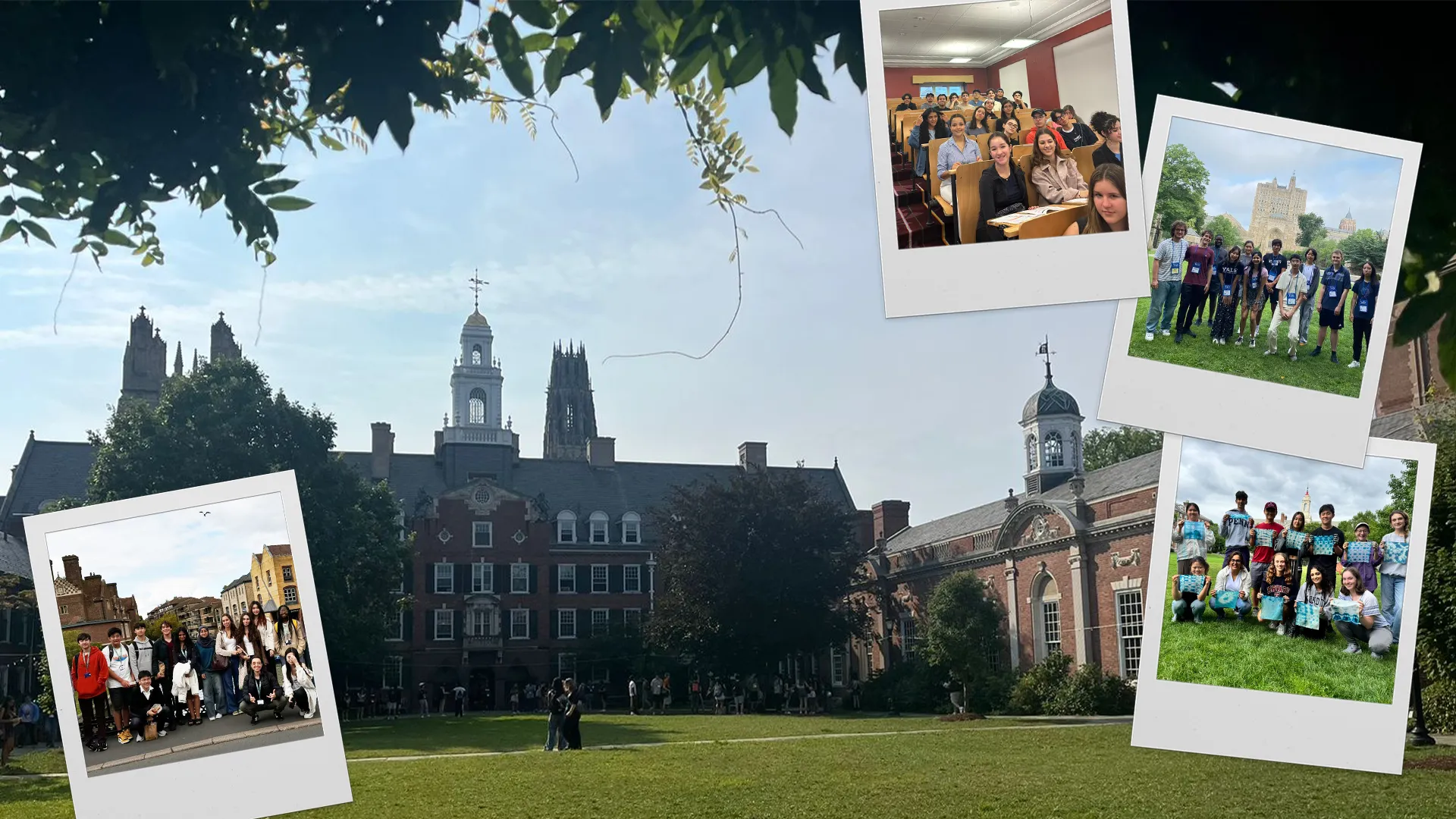 Montaje de fotos instantáneas sobre un fondo mostrando edificios de la universdiad de Oxford. 