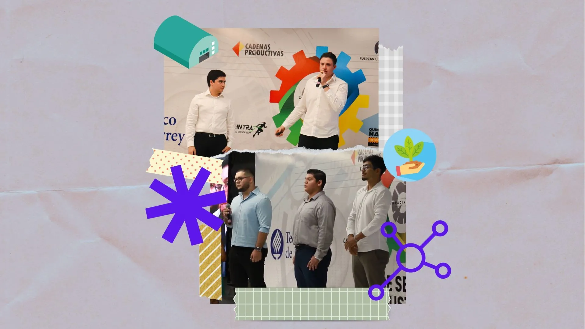 Collage de 2 fotos de estudiantes de Ingeniería del Tec de Monterrey campus Laguna participando en concurso de emprendimientos de CANACINTRA Torreón