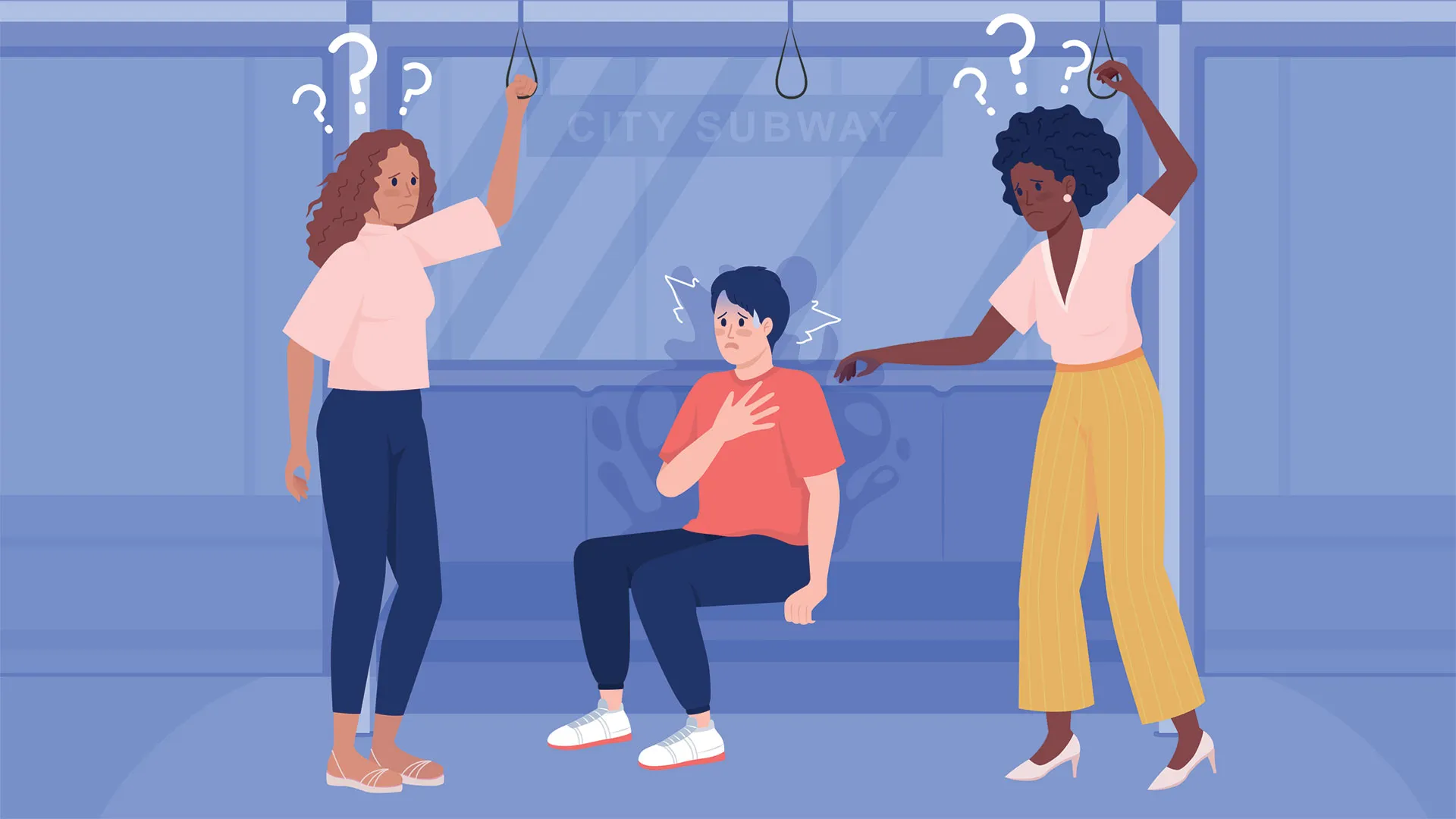 Ilustración de joven teniendo una crisis de ansiedad en el metro, y dos chicas preguntándose cómo ayudarlo