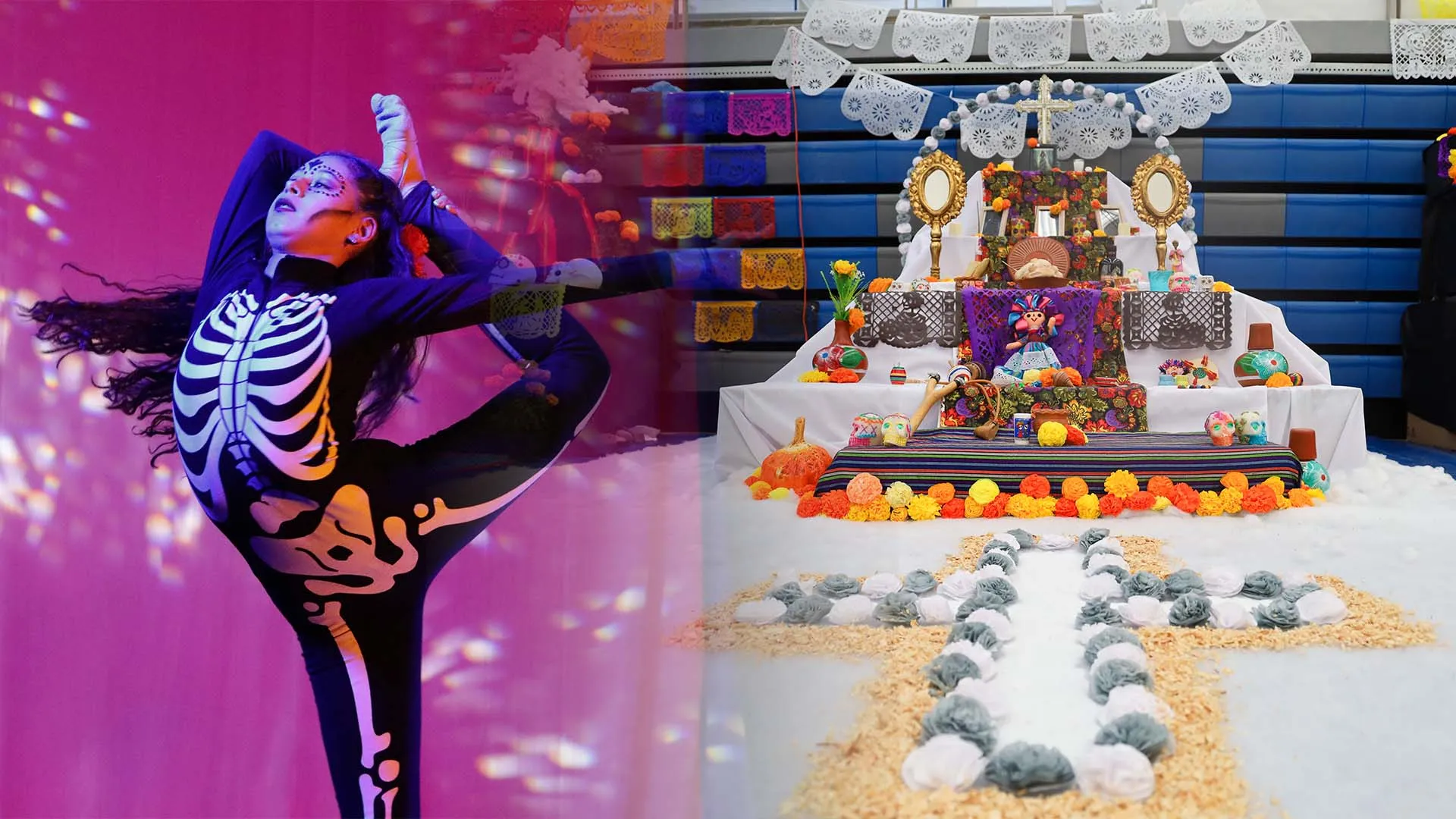 Danza y un altar de muertos expuestos en el evento.