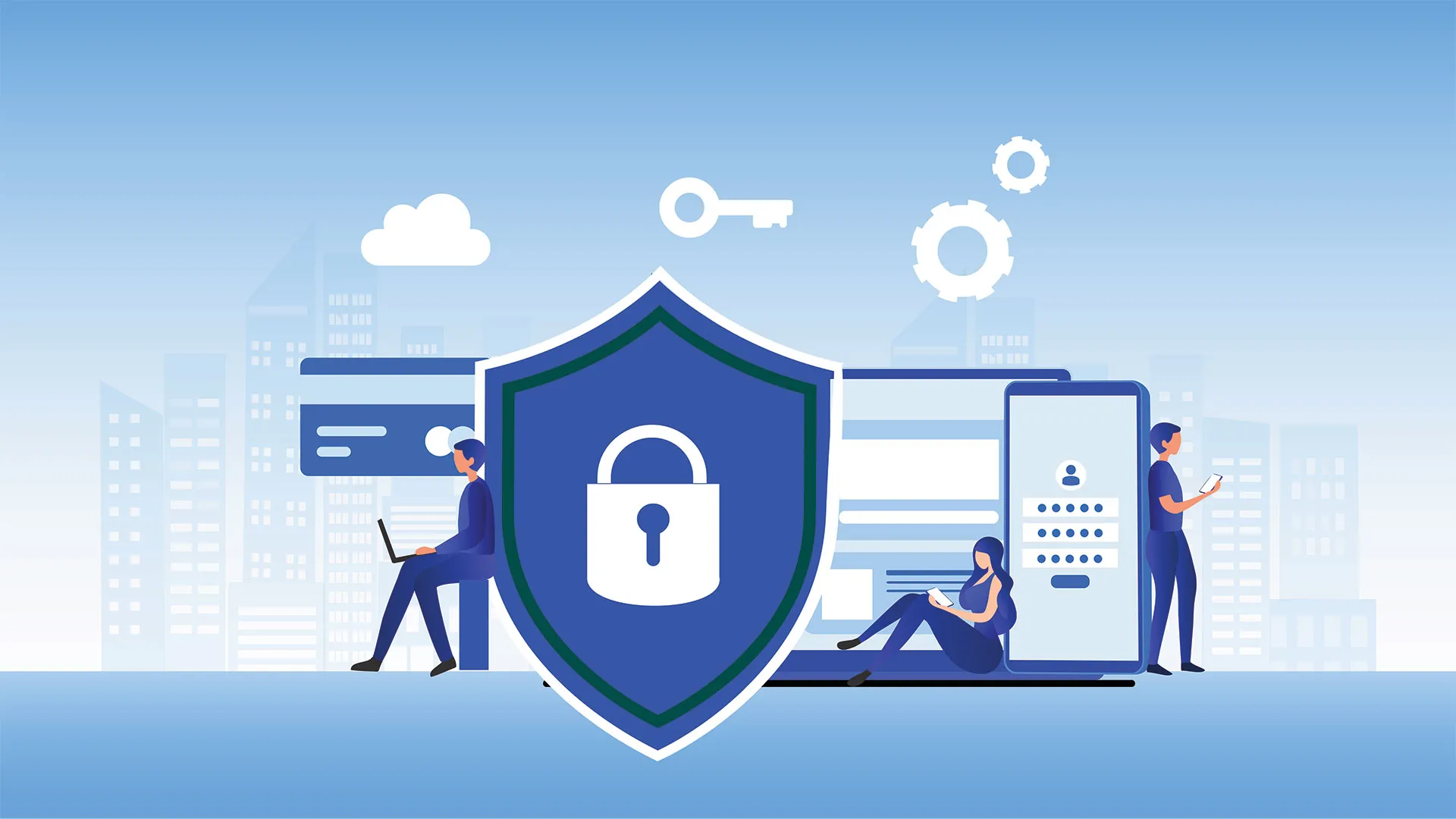 Ilustración con computadoras y celulares protegidos con candado, que hace referencia al cuidado de la identidad digital 