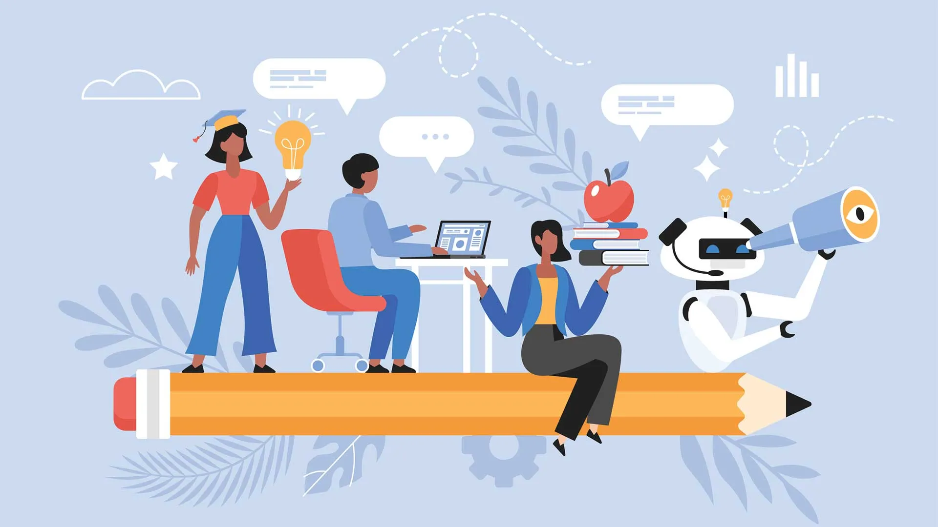 Ilustración con estudiantes trabajando, junto a un robot que simboliza el apoyo en herramientas de inteligencia artificial