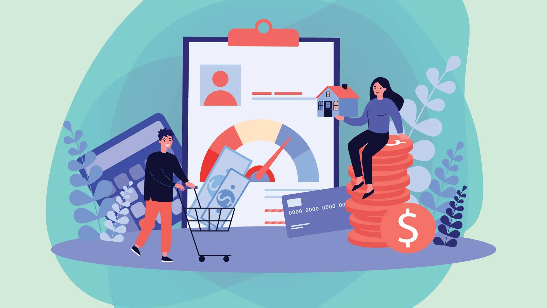 Ilustración de jóvenes con elementos que representan las finanzas personales