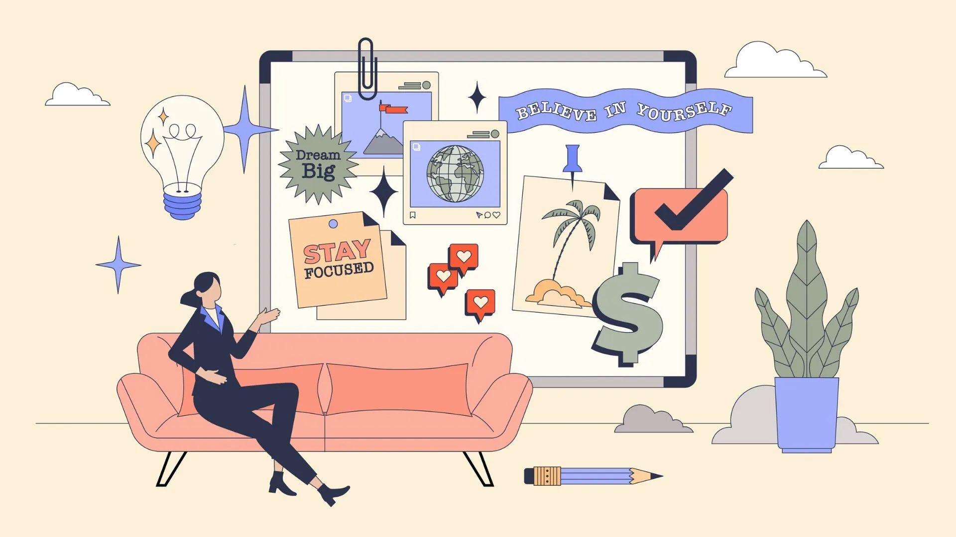 Ilustración de chica con su pizarrón de los sueños o vision board