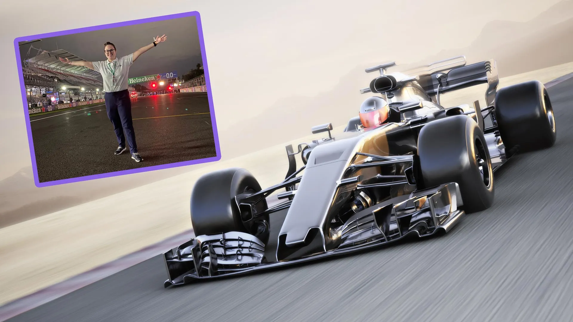 Ana Rodríguez, egresada de Biociencias del Tec, en una pista de automovilismo .