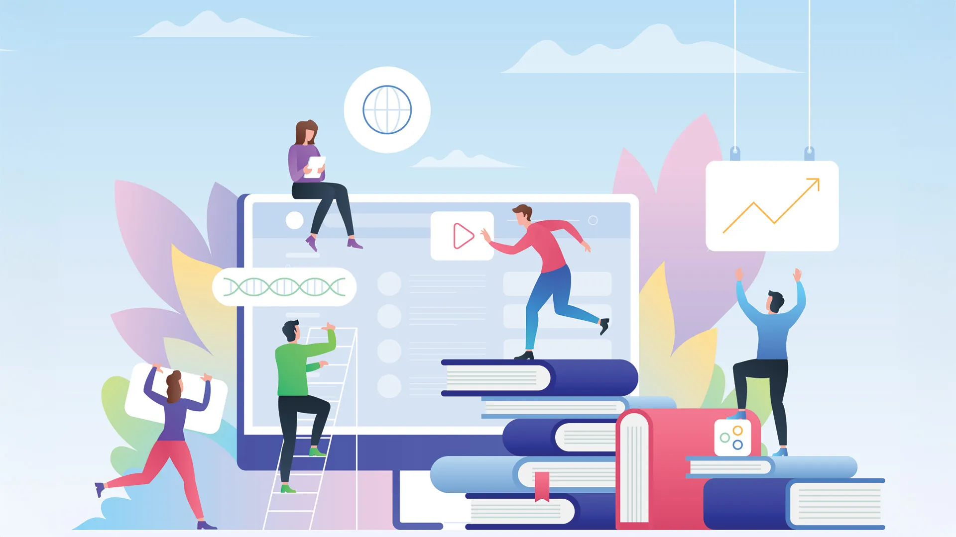 Ilustración de mujer joven tomando un curso en línea