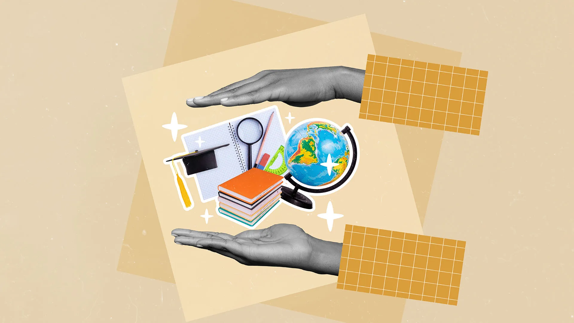 Imagen conceptual de elementos de estudio, como libros, globo terráqueo, libretas y un virrete de graduado