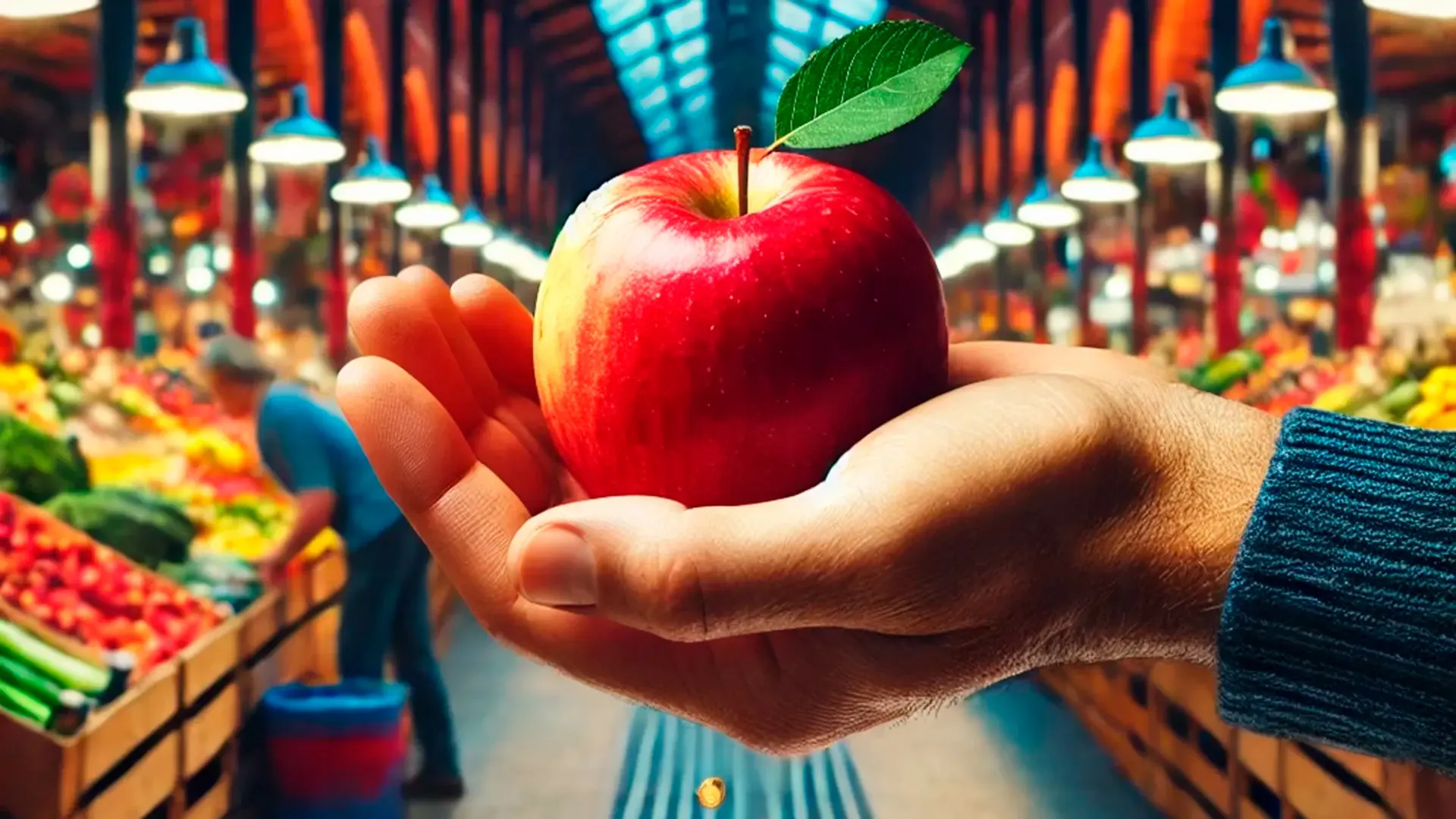 Manzana en palma de mano y de fondo un mercado