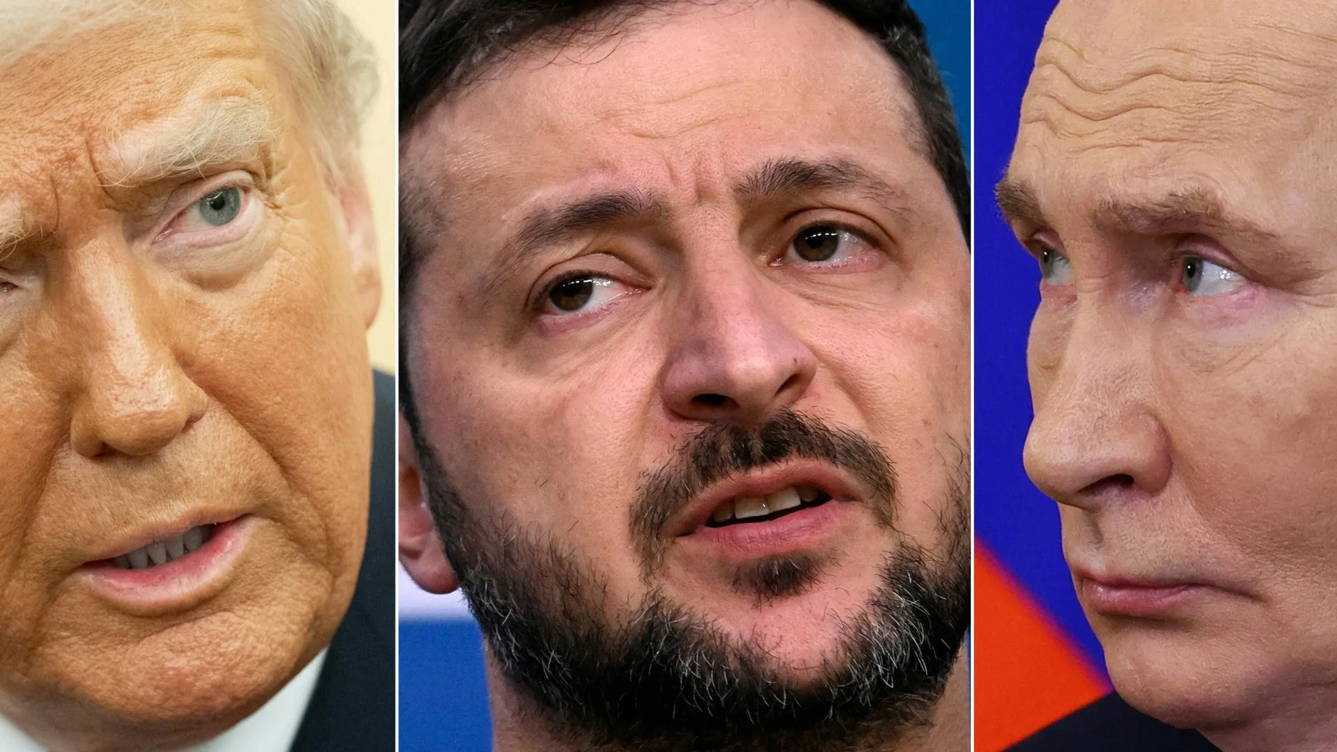 Trump, Zelensky y Putin como representantes del conflicto en Ucrania