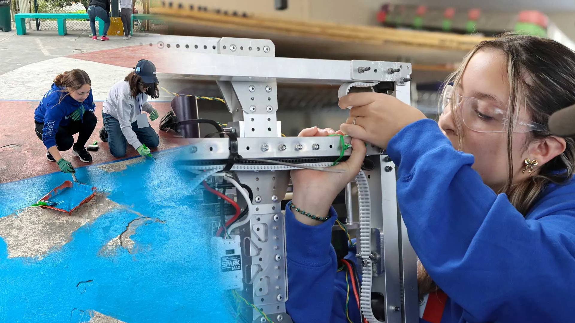 Integrante de VOLTEC trabaja en el robot; en otra fotografía los integrantes pintan espacios en escuelas.