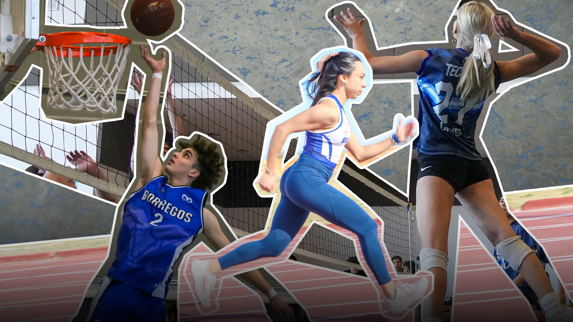 Montaje de fotos de un joven jugando basquetbol, una joven corriendo y una joven jugando voleibol.