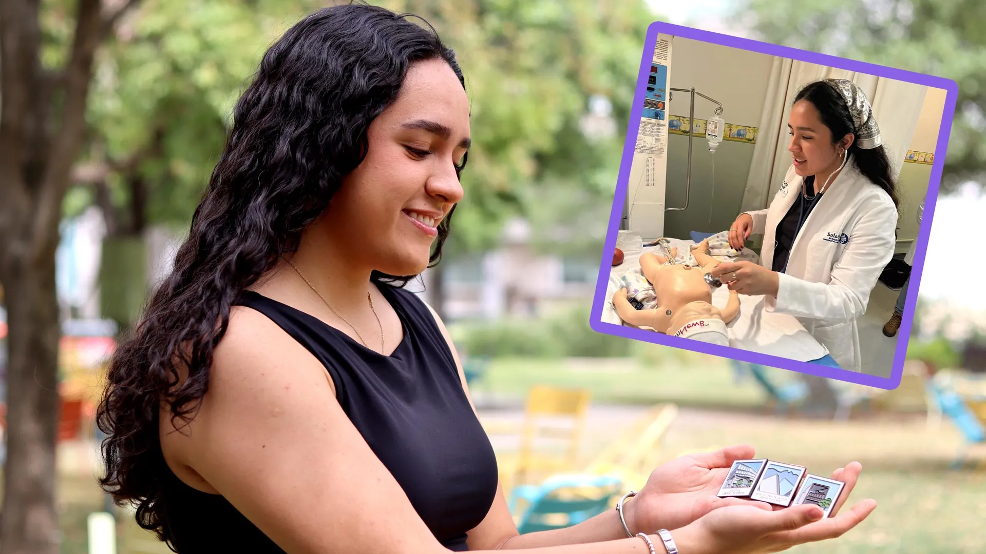 Estívaliz de Niz sostiene los pines que creó; en otra fotografía realiza prácticas de medicina.