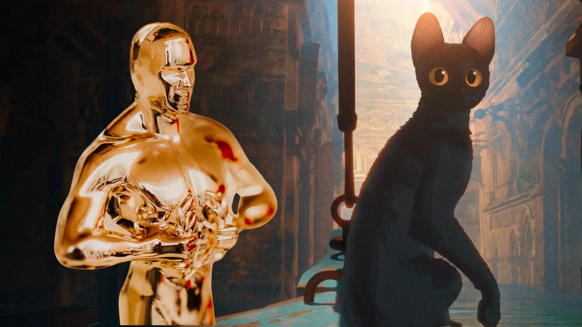 Montaje con póster de la película de Flow y la estatuilla del Óscar con la que fue galardonada