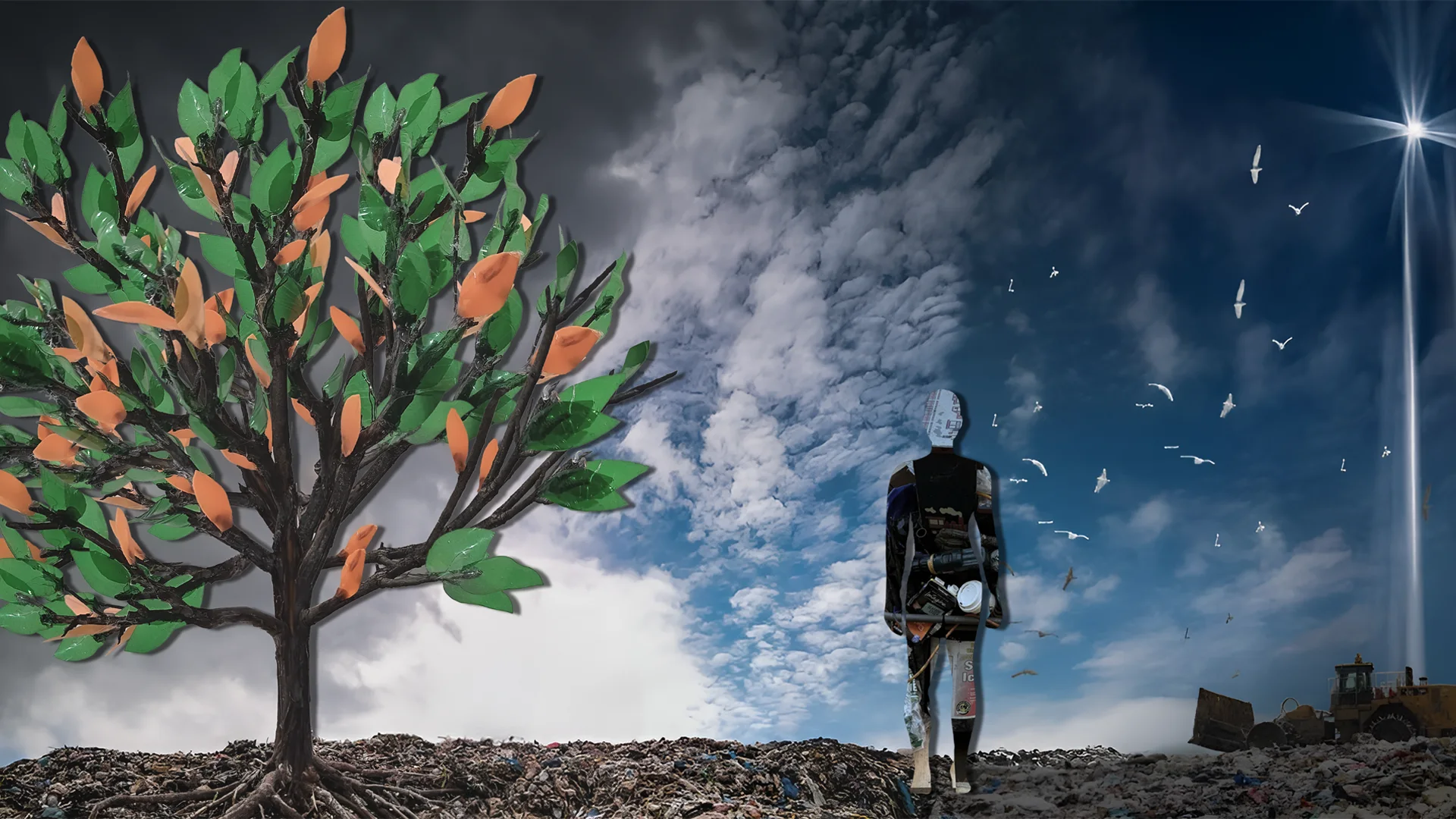 Obra titulada Human Trash que representa una figura humana hecha de residuos caminando entre basura hacia un cielo azul, junto a un árbol de hojas plásticas.