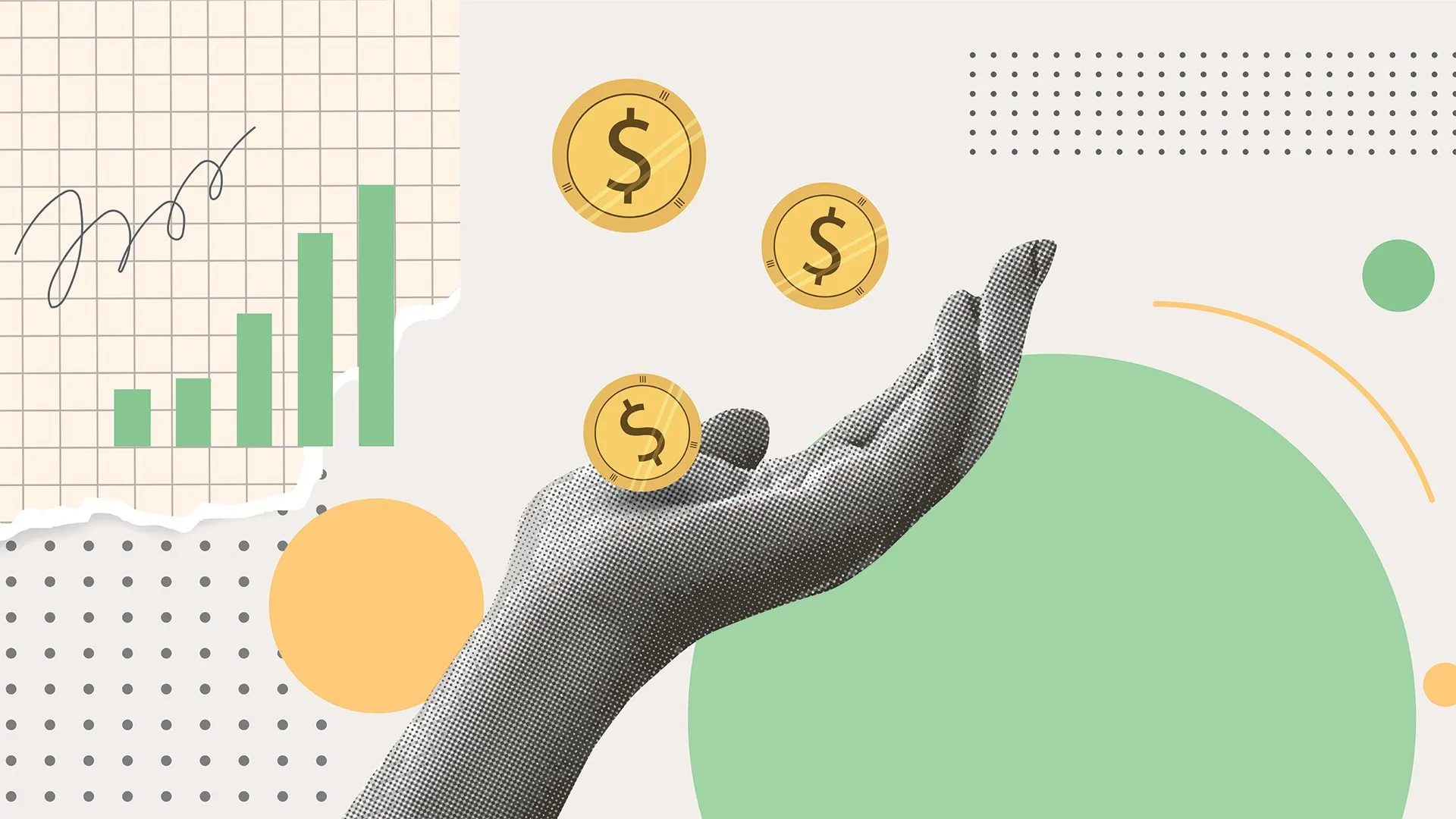 Imagen conceptual con gráficas y una mano recibiendo monedas