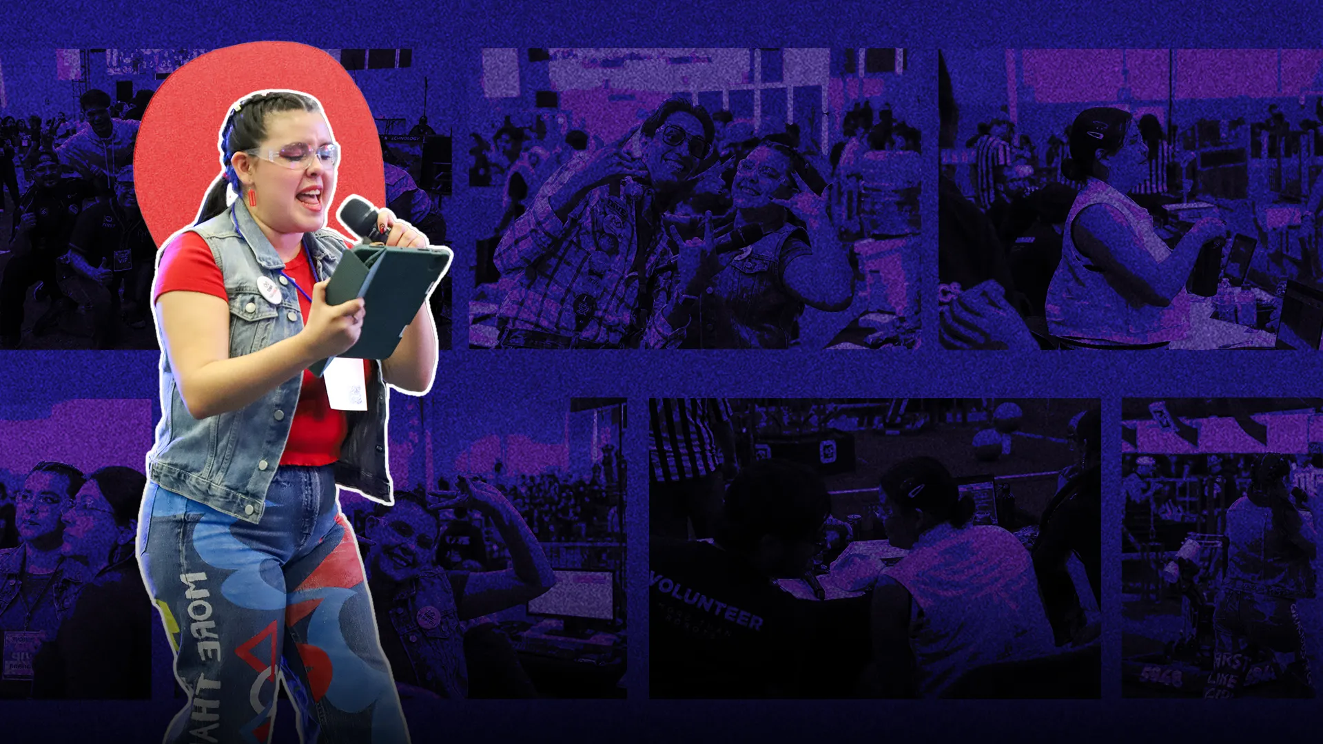 Chica adolescente sosteniendo un micrófono mientras lee de un ipad. 