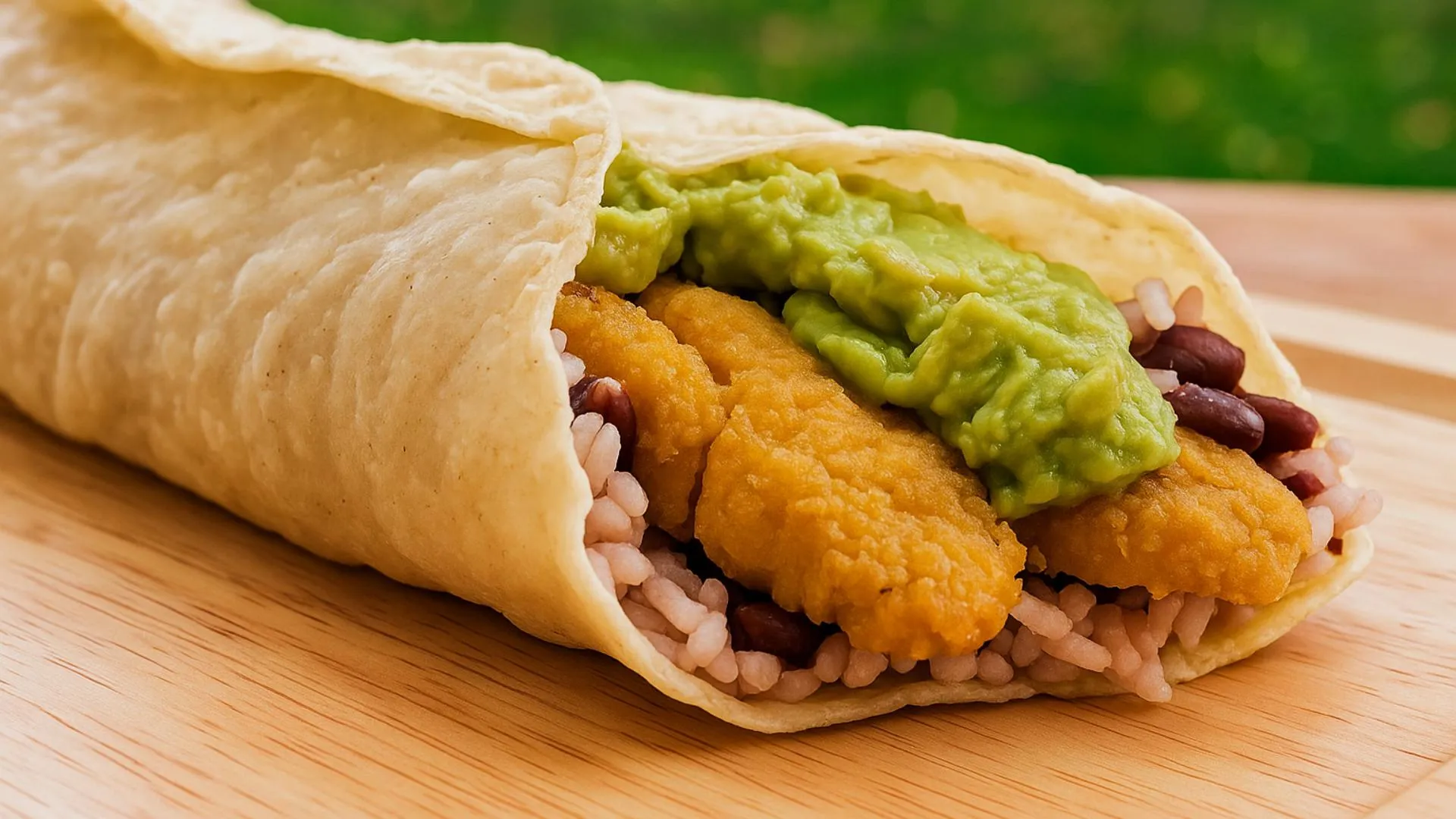 Burrito vegano que contiene  tortilla sin gluten, pollo vegano sin gluten, frijoles, arroz y guacamole.