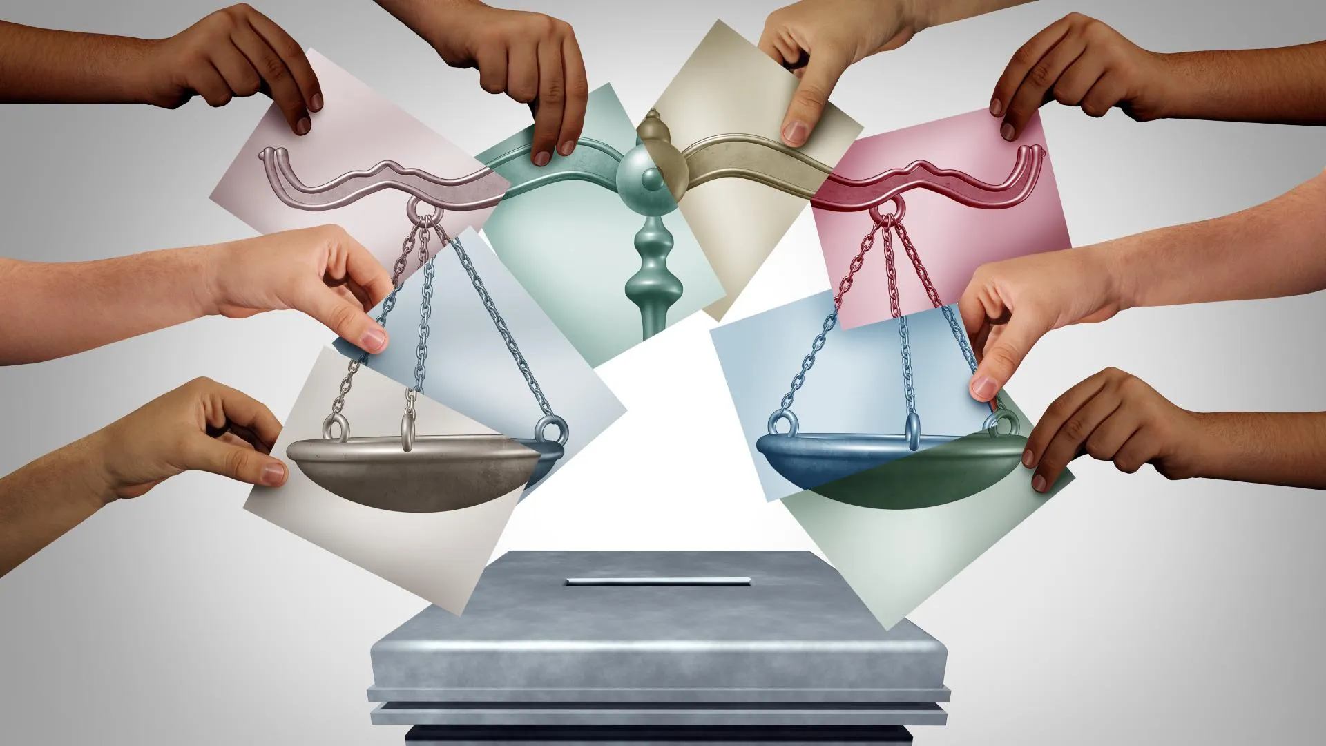 Imagen conceptual de votos sobre una urna, con un símbolo de justicia