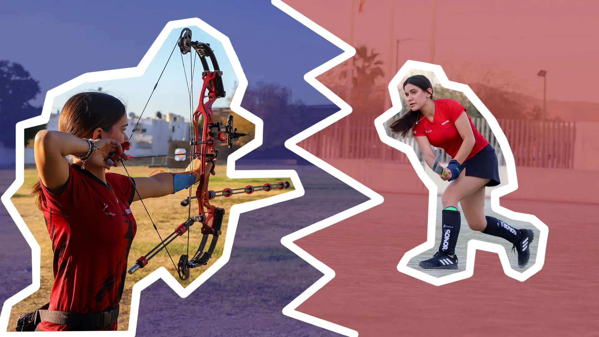 Collage de fotos de gemelas tirando con arco y jugando hockey sobre pasto.