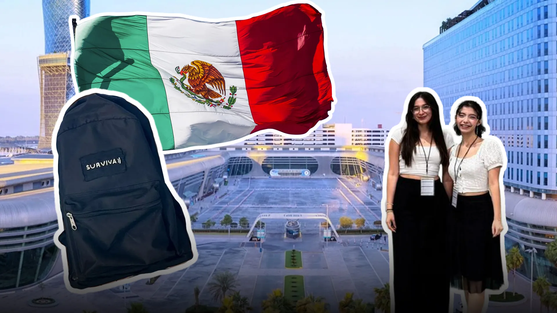 Montaje de fotos con Abu Dabi de fondo y una mochila, bandera mexicana y dos jóvenes adolescnetes.