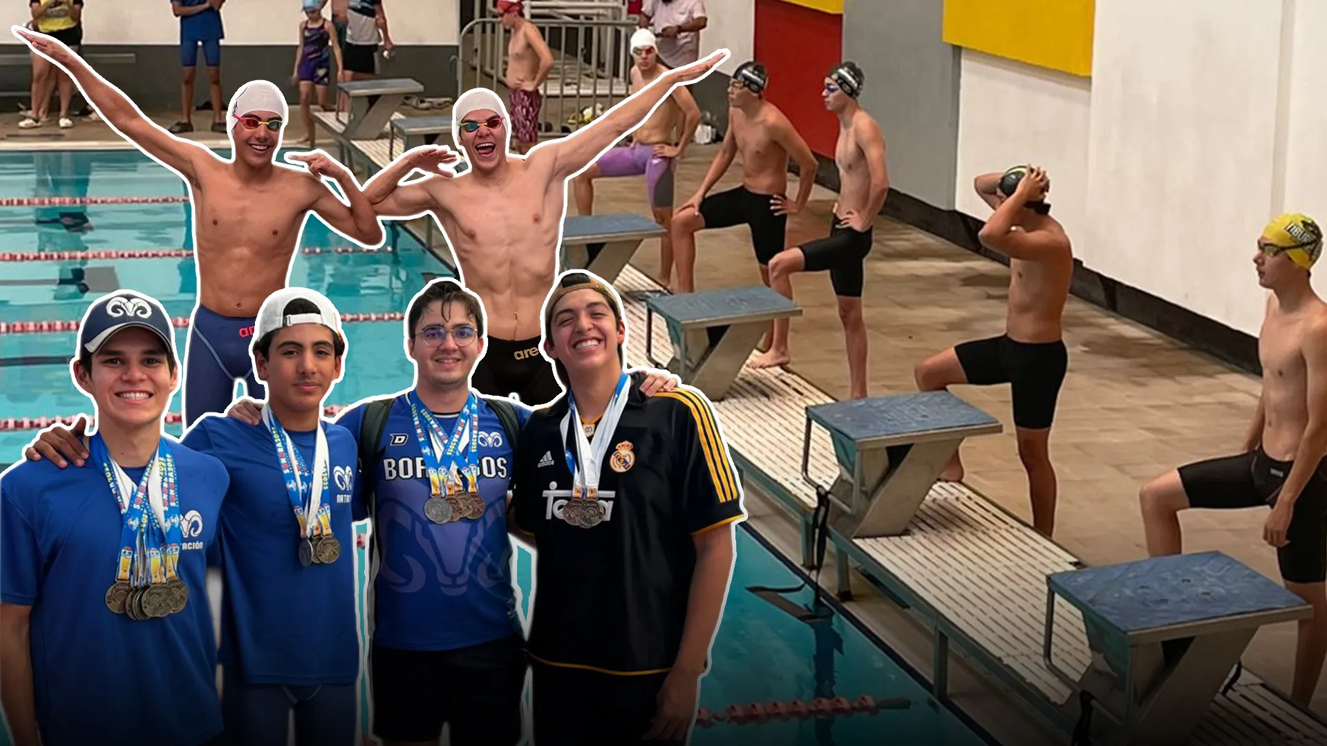 Montaje de alumnos 4 alumnos abrazados con múltiples medallas colgadas en los cuellos, sobre una foto de nadadores preparándose para iniciar una carrera.