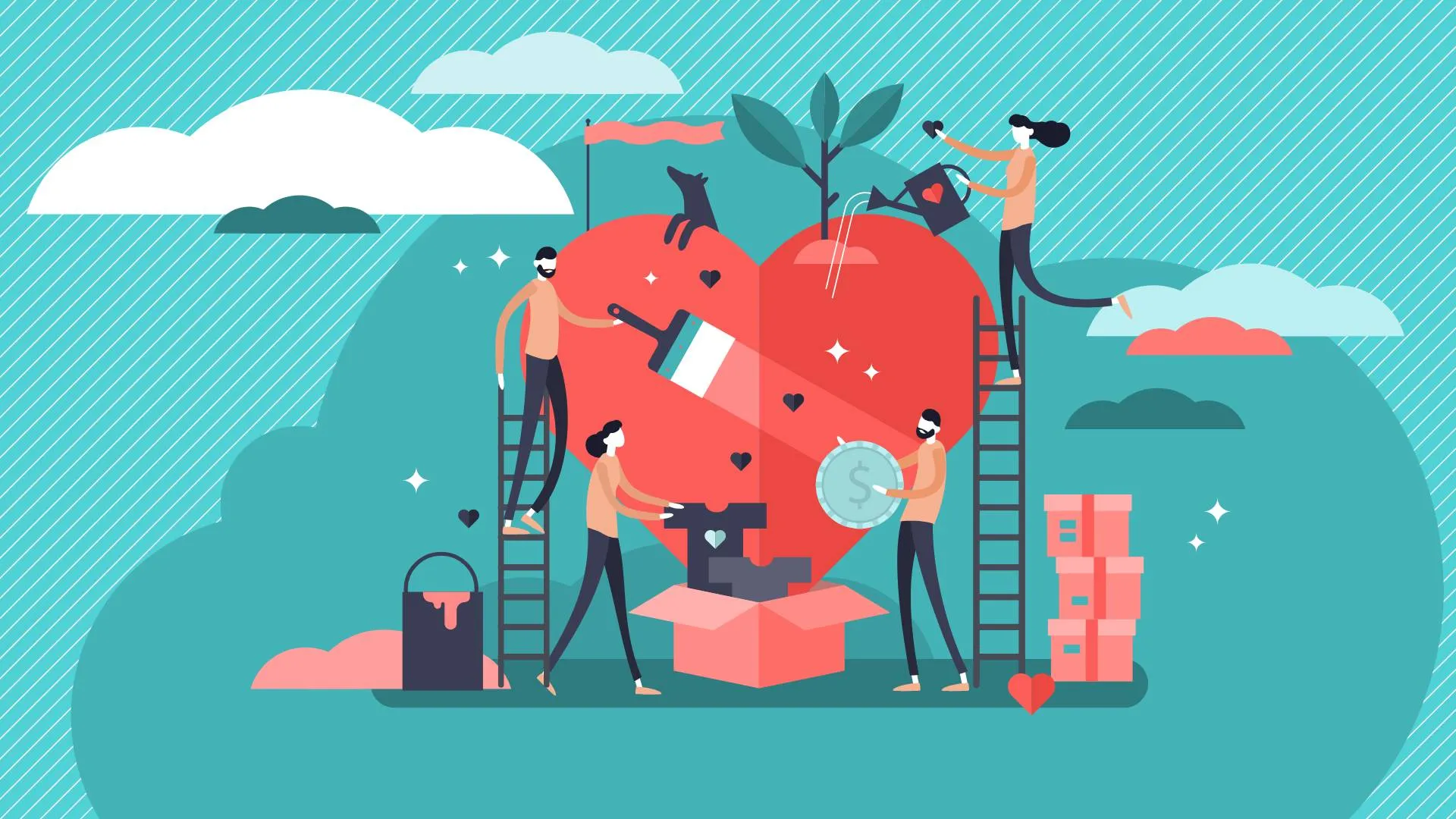 Ilustración conceptual de jóvenes trabajando en diversas obras filantrópicas, alrededor de un corazón