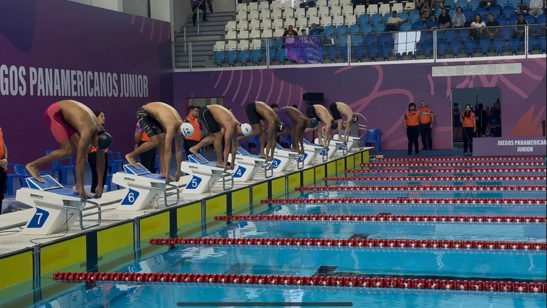 Competidores de natación preparandose para iniciar la carrera.