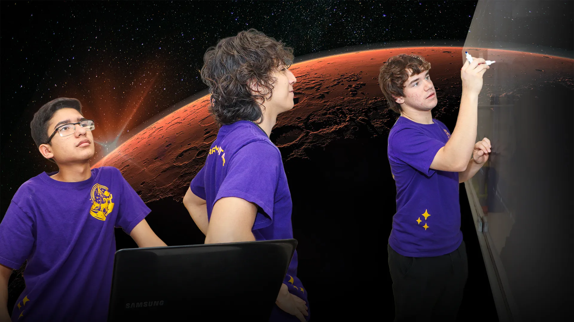 Montaje de 3 estudiantes trabajando sobre un fondo que muestra el planeta Marte en el espacio.