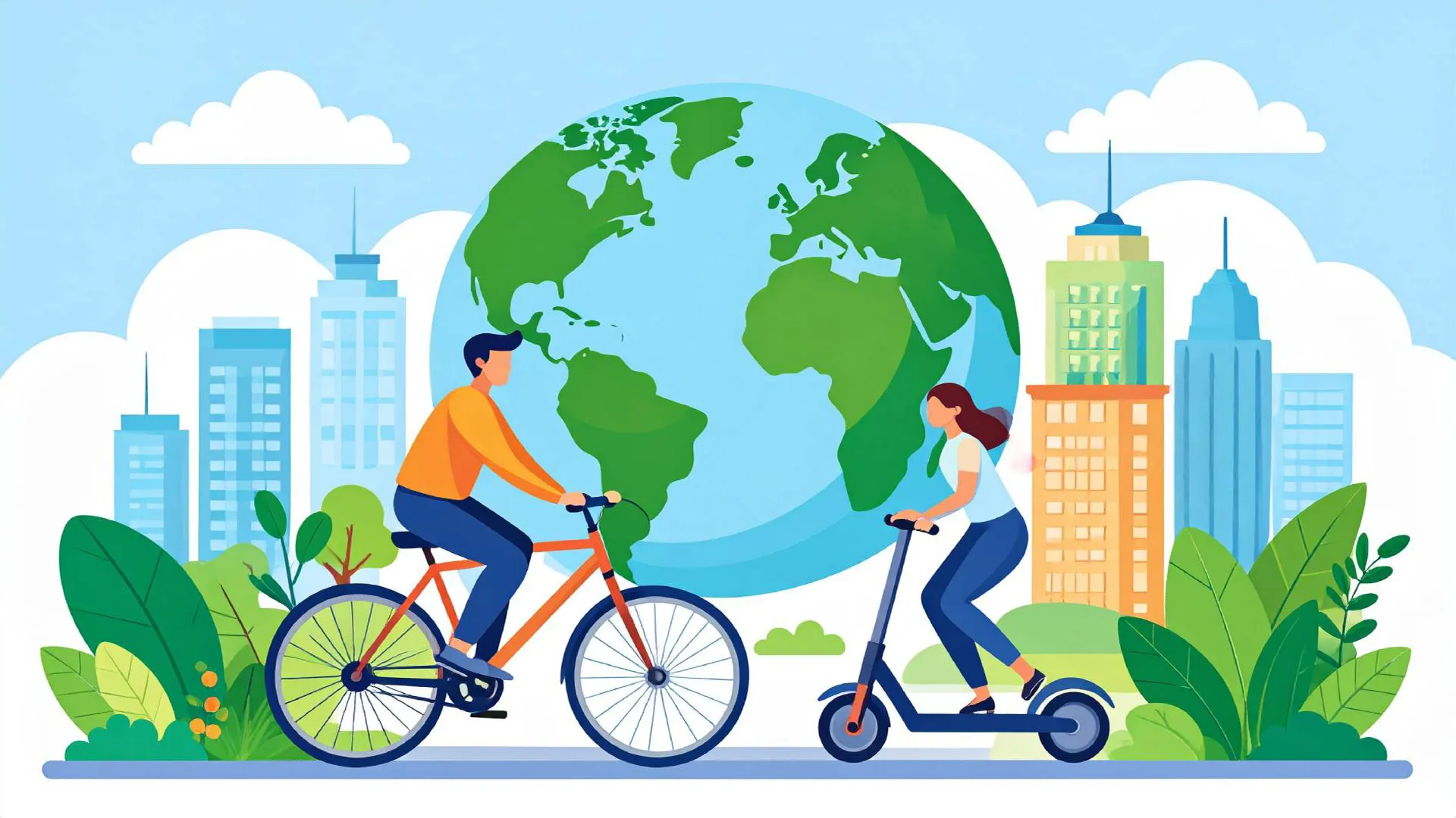 Ilustración de de jóvenes usando bicicleta y scooter eléctrico como alternativas de movilidad sostenible en ciudad