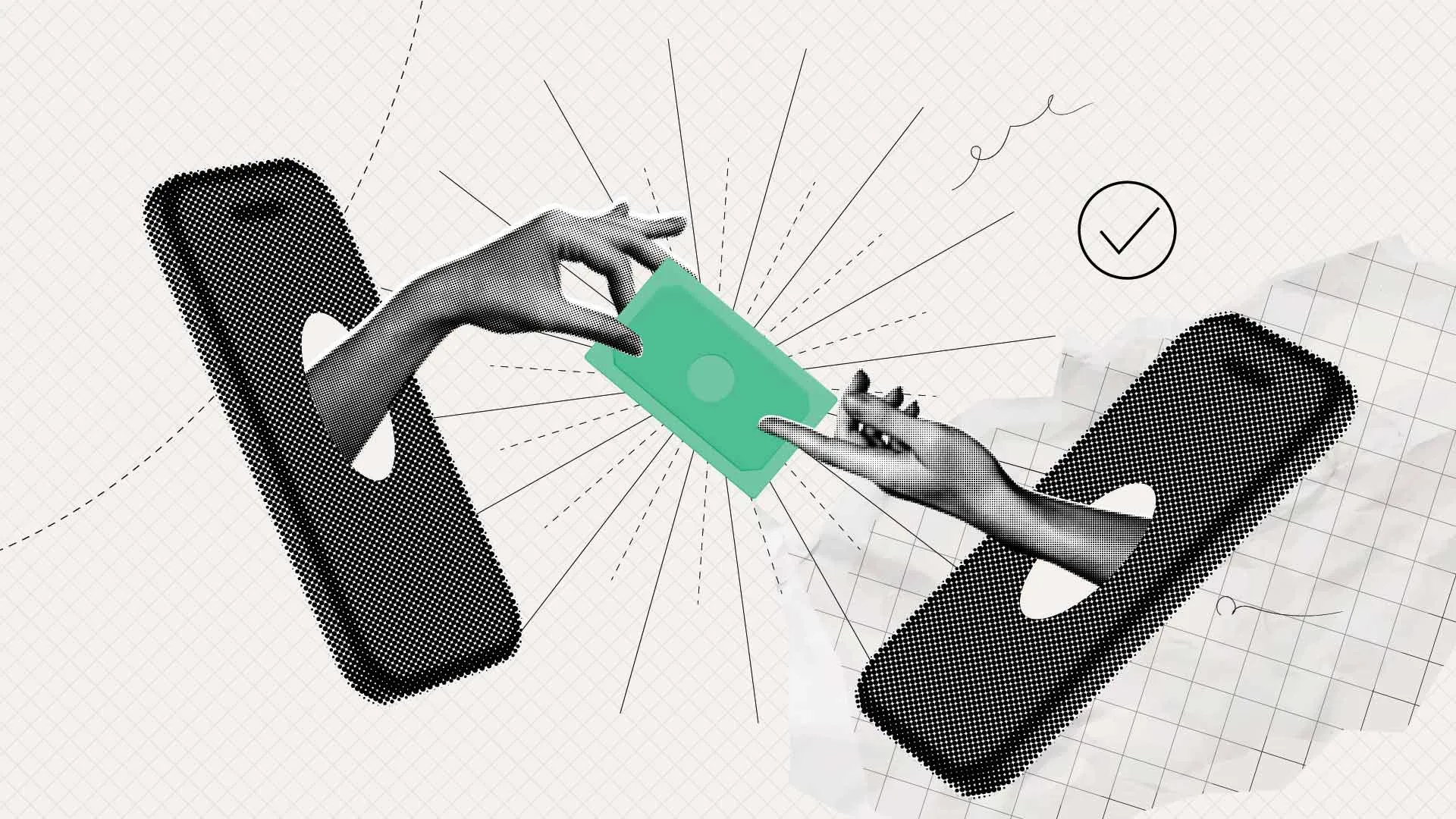 Ilustración digital de dos manos que salen de teléfonos móviles entregando una tarjeta verde, representando transferencias bancarias seguras en línea.