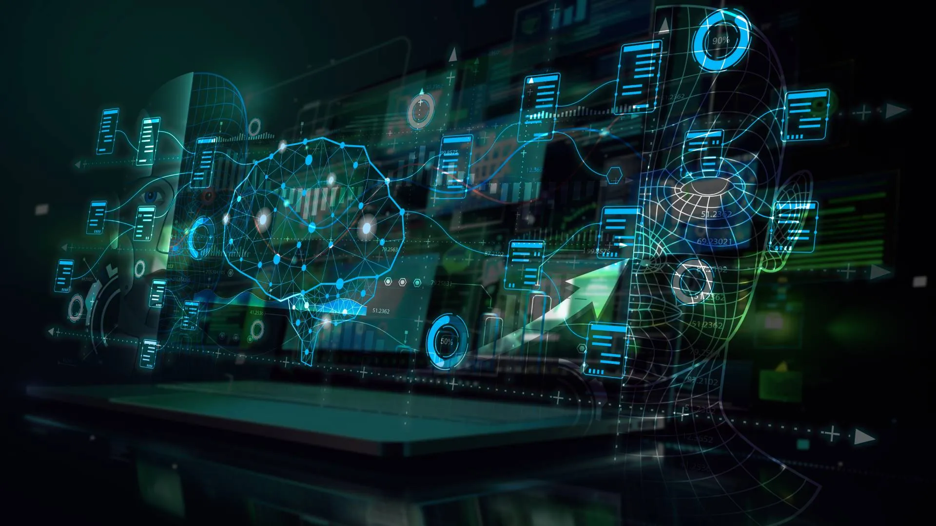 Ilustración digital de inteligencia artificial, nube y datos con un cerebro virtual y elementos tecnológicos, representando cursos gratuitos de Oracle University para la comunidad del Tec de Monterrey.