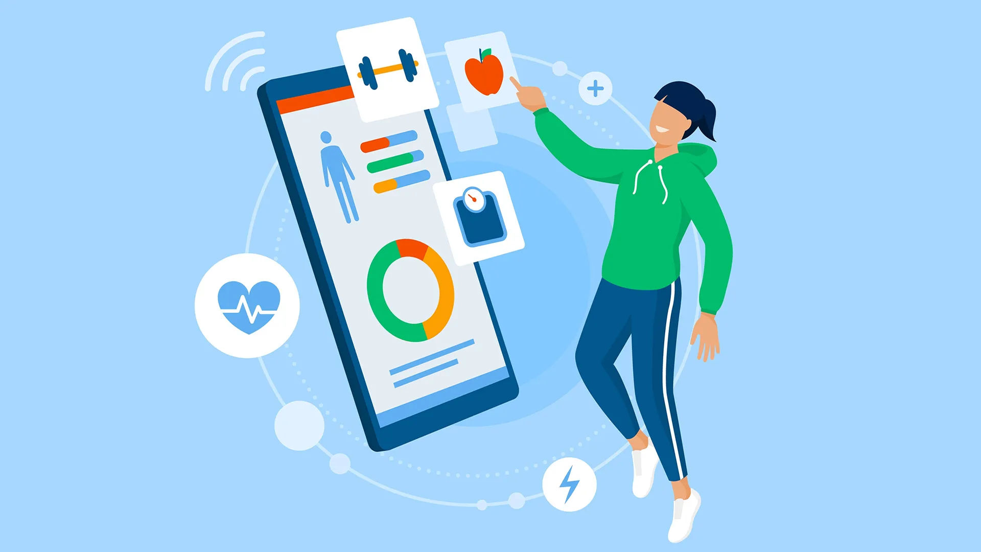 Ilustración de una mujer eligiendo de una tablet grande, un programa de ejercicio y alimentación