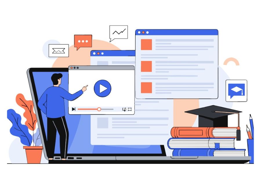 Ilustración de aprendizaje en línea con cursos digitales, videos educativos y materiales académicos disponibles en plataformas como Coursera y edX.