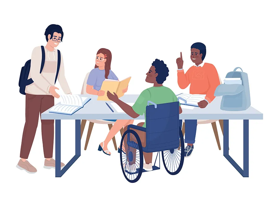 j&oacute;venes estudiantes, uno de ellos en sillas de ruedas