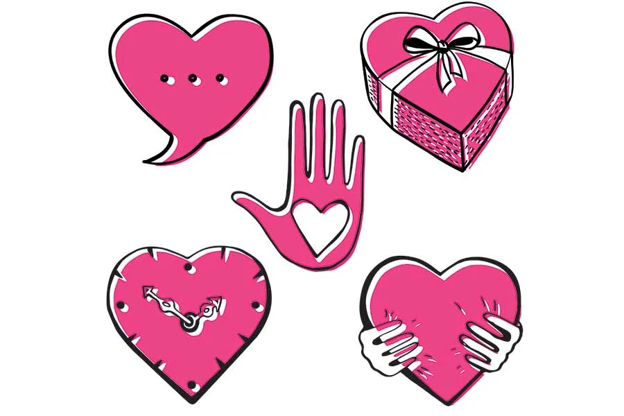 Corazones que representan los 5 lenguajes del amor: palabras de afirmaci&oacute;n, tiempo de calidad, toque f&iacute;sico, actos de servicio y regalos