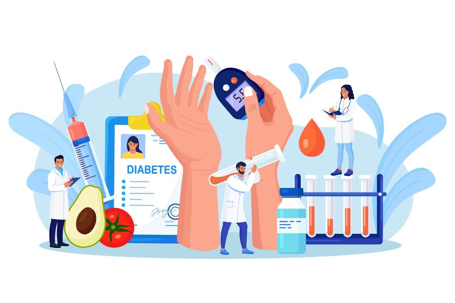 Ilustraci&oacute;n de especialstas en salud con elementos relacionados a la diabetes: estudios, gitas de sangre, alimentos, etc