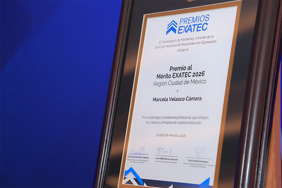 Reconocimiento otorgado a Marcela Velasco, EXATEC del Tec campus Estado de M&eacute;xico.
