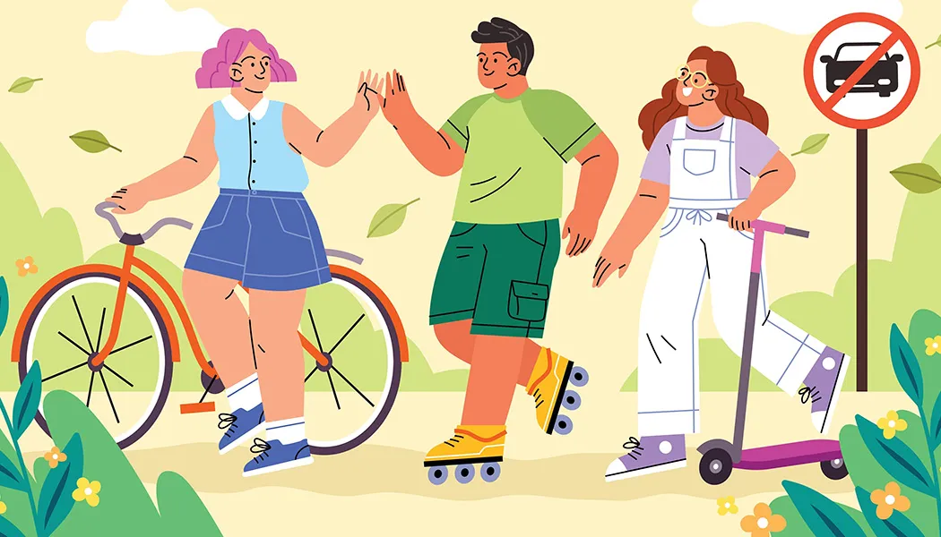 3 jóvenes usando medios bici, patines y scooters.