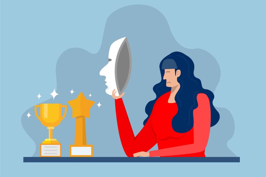 Imagen conceptual de una chica con trofeos, que representan sus logros, pero con una m&aacute;scara, concepto del s&iacute;ndrome del impostor.