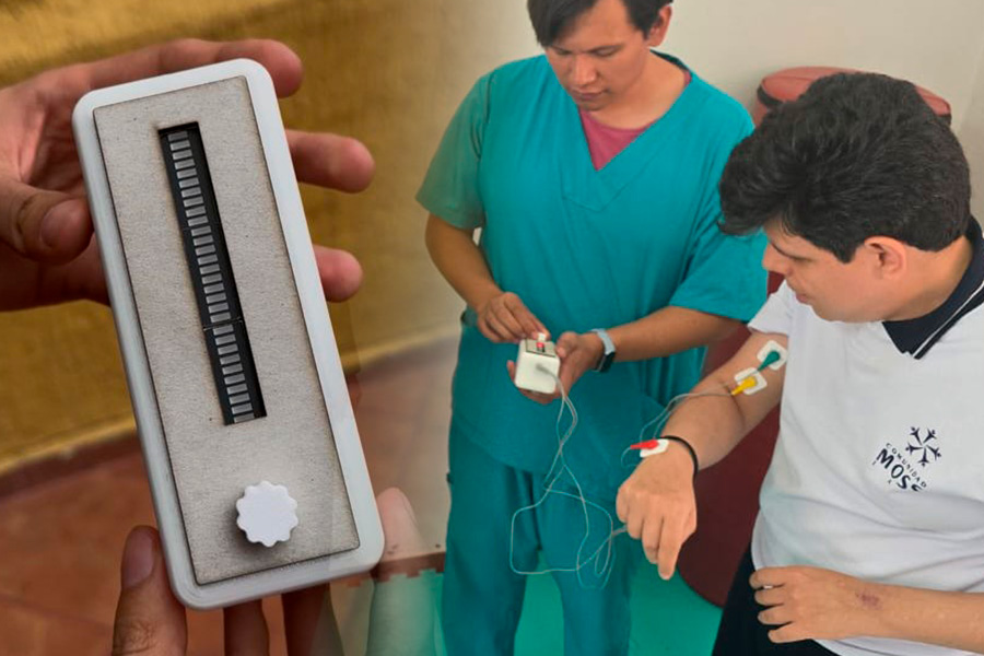 A la izquierda, el dispositivo desarrollado por los estudiantes del Tec campus Estado de M&eacute;xico. A la derecha: un miembro de la Comunidad MOSS IAP haciendo uso del biofeedback electromiogr&aacute;fico.