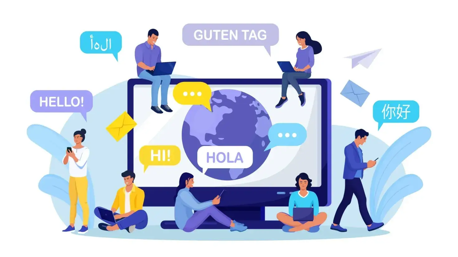 Ilustración de jóvenes aprendiendo diversos idiomas