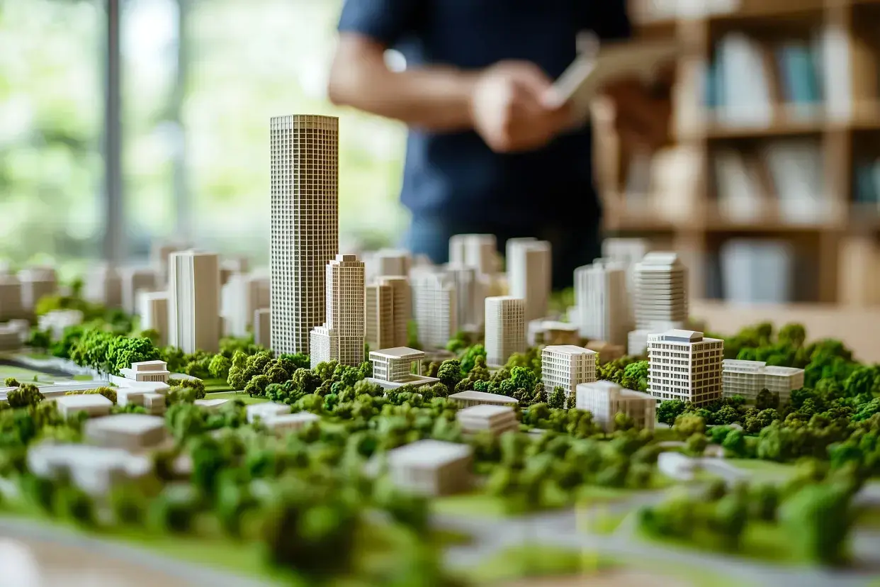 Maqueta de un desarrollo urbano en un entorno arbolado y biodiverso