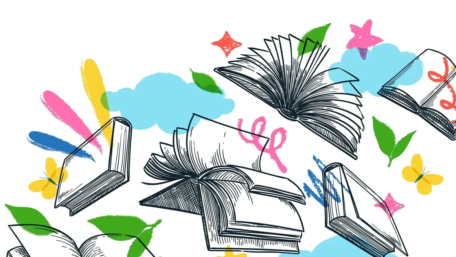 Ilustración de varios libros abiertos con fondos de colores