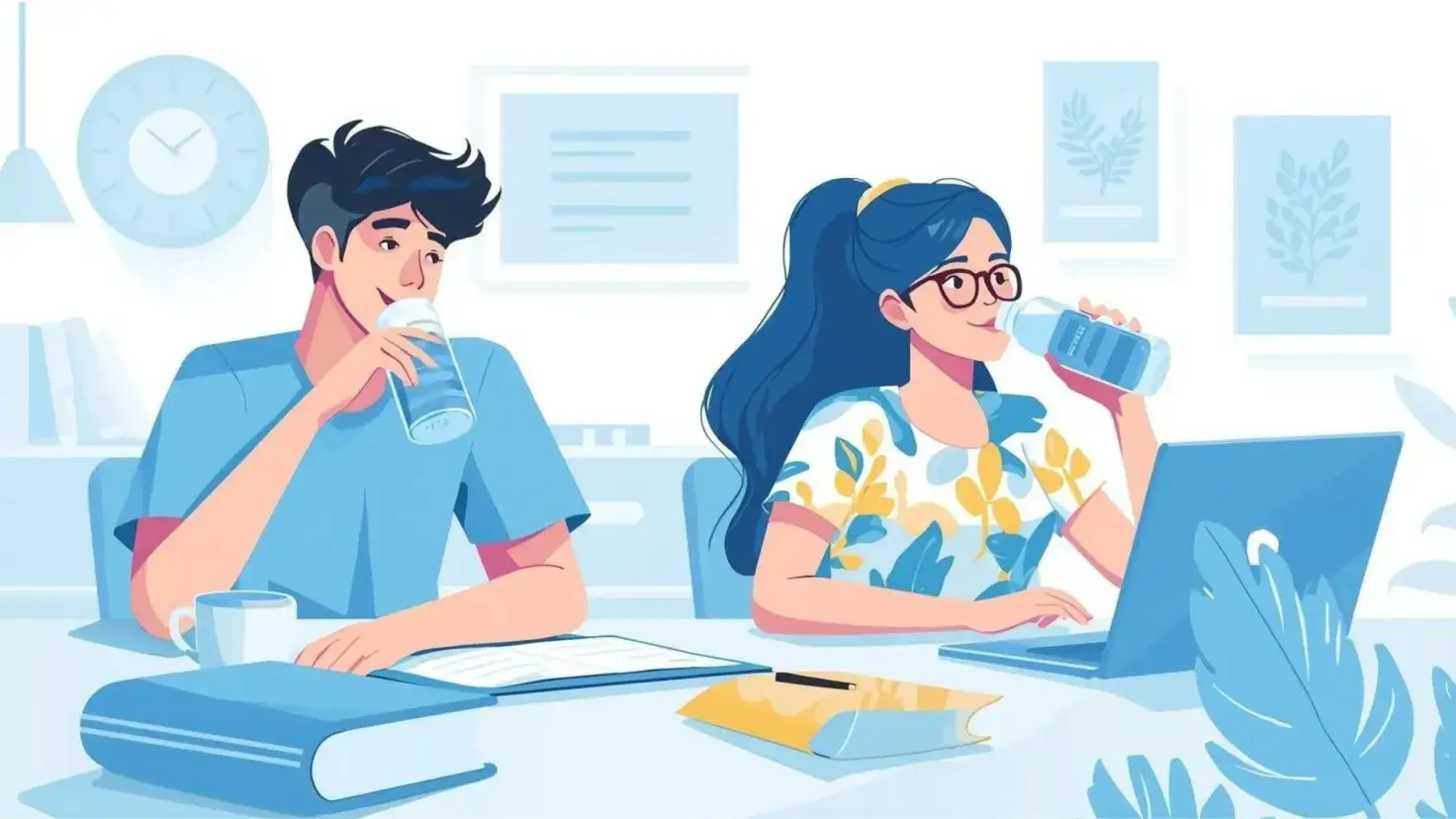 Ilustración de un chico y una chica, que son estudiantes, y están bebiendo agua